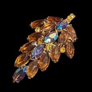 Vintage Brooch Pin Amber & aurora Borealis Leaf